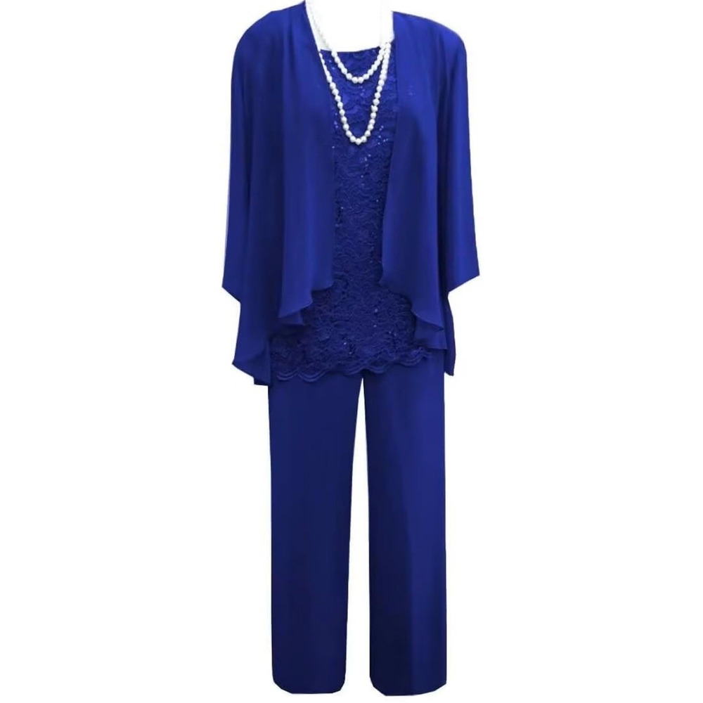 Royal Blue 3 Piece Pant Suit Women Sequin Lace Top Chiffon Cardigan Formal Set